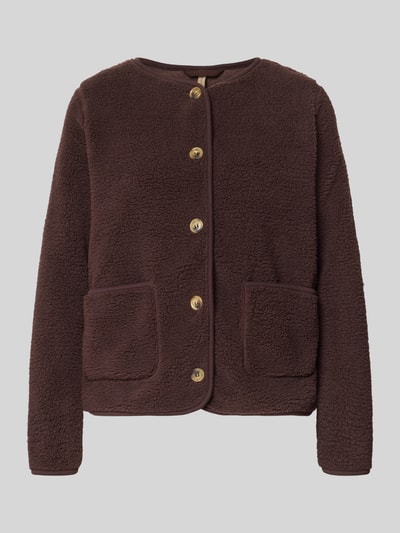 Produktfoto, braune Regular Fit Teddyjacke mit ausgesetzten Taschen Modell 'SC-ONYX 2' von Soyaconcept, Damen Teddy- / Webpelzjacke, strukturierte Oberfläche
