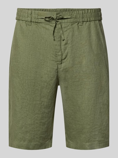 Produktfoto, Shorts aus Leinen mit Gesäßtaschen von Gant in Olivgrün, Regular-Fit, elastischer Bund, reine Leinenstruktur, Gesäßtaschen, Bundweite 43 cm, Innenbeinlänge 23 cm bei Größe M.