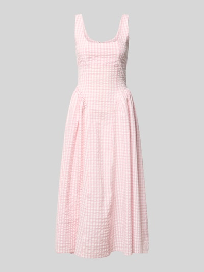 Produktfoto, sukienka midi z bawełny w linia a, wzór na całej powierzchni, prostokątny dekolt, model 'Arwen' od OH APRIL, długość tyłu 108 cm, szerokość w rozmiarze S: 49 cm