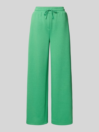 Produktfoto, zielone spodnie dresowe Wide Fit Sweatpants mit elastischem Bund Modell 'KATE NEO' od ICHI, mieszanka materiałów z dodatkiem wiskozy, elastyczny pas i tunel, szerokość w rozmiarze S: 37 cm, długość wewnętrzna nogawki w rozmiarze S: 76 cm, gładka tekstura