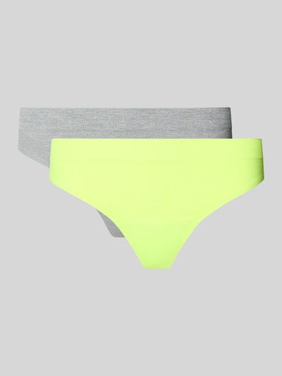 Produktfoto, String mit Logo im 2er-Pack von PUMA aus Material-Mix mit Stretch-Anteil, körpernahe Passform, Elastischer Bund, dezentes Logo, ein Modell in Grau, ein Modell in Neon-Gelb, glatte Textur, 2er-Pack für Damen.