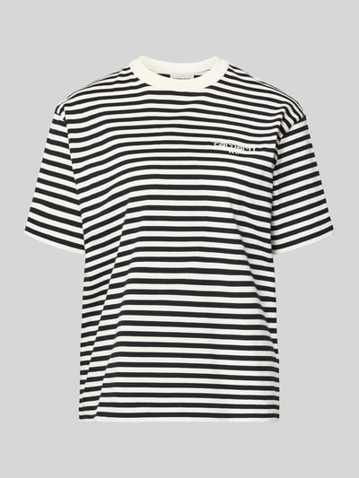 Produktfoto, T-Shirt mit Label-Stitching von Carhartt Work In Progress, Damen T-Shirt Modell 'Ezra', Reine Baumwolle, Relaxed-Fit, schwarz-weiß gestreift, Rundhalsausschnitt