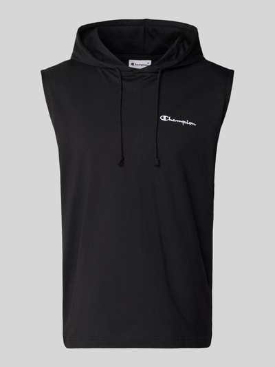 Produktfoto, schwarzer Hoodie mit Label-Stitching von CHAMPION aus reiner Baumwolle, Regular Fit, Kapuze mit Tunnelzug, Vorderansicht