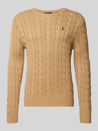 Produktfoto, Strickpullover mit Label-Stitching von Polo Ralph Lauren, beżowy kolor, bawełna, regular fit, ściągacze, okrągły dekolt