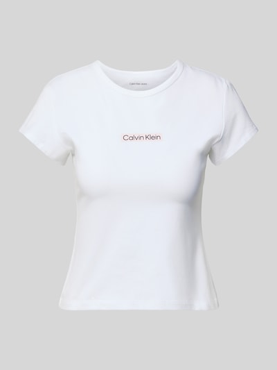 Produktfoto, T-shirt mit Rundhalsausschnitt und Label-Print von Calvin Klein Jeans, biały, mieszanka bawełny i elastanu, krój slim fit, okrągły dekolt, nadruk z logo, długość tyłu w rozmiarze S: 42 cm
