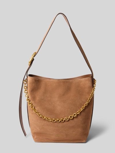 Produktfoto, Handtasche aus leer mit Labelapplicatie Modell 'NOLITA' von MICHAEL Michael Kors, Hoofdvak met magneetsluiting, schouderband, breedte maat 1: 35 cm, lengte maat 1: 33 cm, diepte maat 1: 17 cm, schouderbandlengte maat 1: 72 cm, natuurlijke bruine tinten, goudkleurige kettingdetails, zachte suède textuur