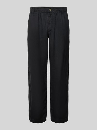 Produktfoto, zwarte linnen heren broek met elastische band, regular fit, model 'KARL LAWRENCE' van Jack & Jones, zuiver linnen, bandwijdte maat M 40 cm, binnenbeenlengte maat M 75 cm