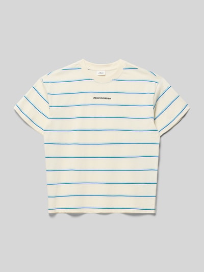 Produktfoto, Regular Fit T-Shirt aus reiner Baumwolle von s.Oliver RED LABEL, Kinder T-Shirt, Optik: Allover-Muster, gestreift, Statement-Stitching, Rundhals, Kurzarm, Materialverarbeitung: Jersey, creme mit blauen Streifen, glatte Textur