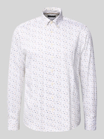 Produktfoto, Regular Fit Freizeithemd mit Button-Down-Kragen von Bugatti aus reiner Baumwolle im Allover-Look, weiße Grundfarbe mit dezentem Muster, Knopfleiste, Rückenlänge 78 cm, Schulterbreite 45 cm, Ärmellänge 65 cm.