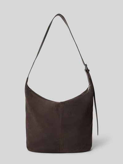 Produktfoto, Handtasche aus Leder mit verstellbarem Schulterriemen von COMMA in Dunkelbraun, Reißverschluss, Label-Detail, strukturierte Oberfläche