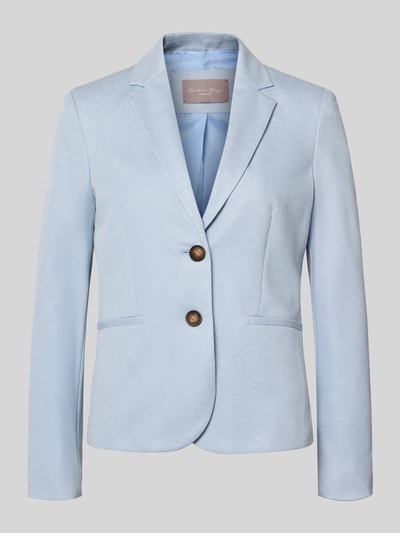 Produktfoto, Regular Fit Blazer mit Reverskragen von Christian Berg Woman Selection aus hellblauem Material-Mix mit Viskose-Anteil, Paspeltaschen und Knopfverschluss, Rückenlänge 58 cm, Brustweite 43 cm, Ärmellänge 63 cm.
