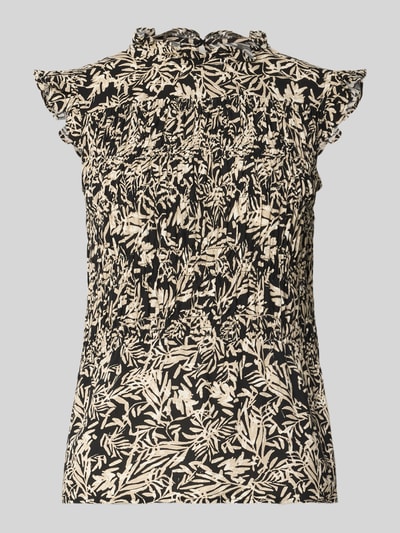 Produktfoto, Blusentop aus Viskose mit Rüschenkragen Modell 'FAYE' von Soyaconcept, Schwarz-Beige, Körpernaher-Schnitt, Rüschenärmel, Smok-Detail, Rückenlänge 58 cm bei Größe S