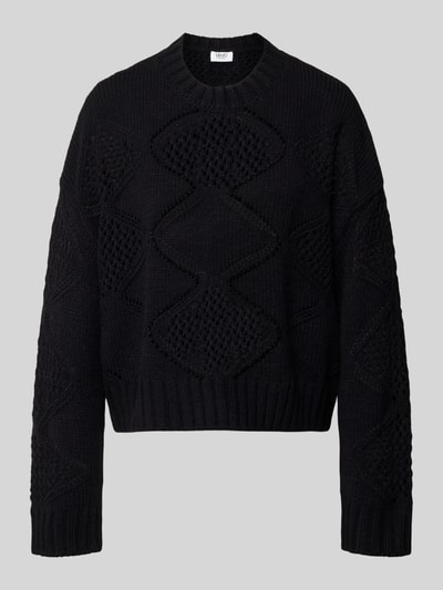 Produktfoto, Relaxed Fit Strickpullover mit Woll-Anteil von Liu Jo White in Schwarz, Loch-Muster, gerippte Abschlüsse, Rundhalsausschnitt, Damen Strickpullover.