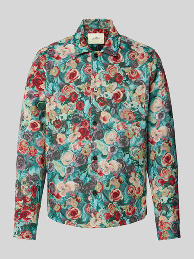 Produktfoto, Regular Fit Overshirt im Allover-Look von Les Deux, kolorowy bawełniany miks, krój regular fit, kent, zapięcie na guziki, długość tyłu w rozmiarze M: 74 cm, teksturowany wzór w kwiaty