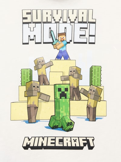 Produktfoto, T-Shirt mit Motiv-Print von Mango für kinder in Weiß mit buntem Minecraft-Motiv, reine Baumwolle, Regular-Fit, gerippter Rundhalsausschnitt, Rückenlänge bei Größe 116: 42 cm