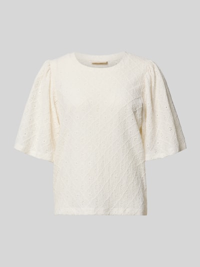 Produktfoto, Blusenshirt mit Lochstickerei Modell 'KIONA' von FREE/QUENT, kolor ecru, materiał z domieszką stretchu, krój regular fit, okrągły dekolt, długość tyłu w rozmiarze S: 55 cm, długość rękawa w rozmiarze S: 33 cm, tekstura ażurowa