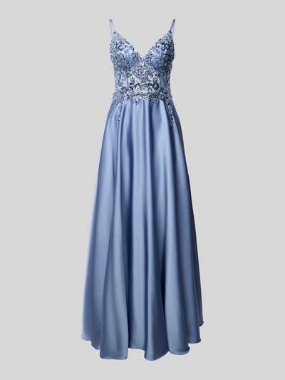 Produktfoto, Regular Fit Abendkleid mit floralem Pailettenbesatz von Laona, niebieski, połyskująca tekstura, krój regular fit, florystyczne hafty, półprzezroczysty design, cienkie ramiączka, szerokość w rozmiarze 36: 34 cm, długość pleców w rozmiarze 36: 15 cm