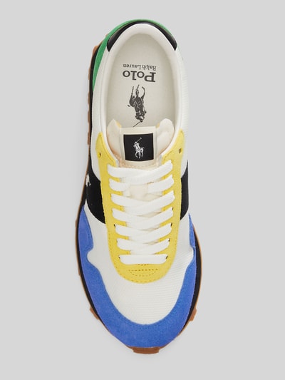 Produktfoto, Sneaker mit Schnürverschluss Modell 'PRL TRAIL 125' von Polo Ralph Lauren, skórzane elementy, zaokrąglony nosek, detale z logo, strukturalna podeszwa, wysokość obcasa w rozmiarze 40: 4 cm, wysokość cholewki w rozmiarze 40: 8 cm, szerokość w rozmiarze 40: 7 cm, kolory biały, żółty, niebieski, czarny, zielony, tekstura mieszana.
