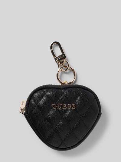 Produktfoto, Schlüsselanhänger in Herzform mit Karabiner von GUESS, czarny z pikowaną fakturą, aplikacja z metką, zamek błyskawiczny