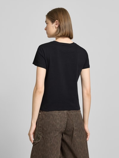 Review T-shirt met labelstitching en ronde hals Zwart - 5