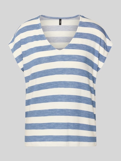 Produktfoto, Regular Fit T-Shirt aus Viskose-Mix Modell 'LIRA' von Only, blau-weiß gestreift, V-Ausschnitt, ärmellos, Feinripp-Textur