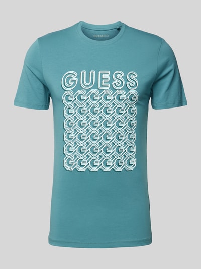 Guess T-shirt z nadrukiem z logo model ‘CHAIN’ Morski 2