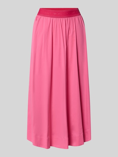 Produktfoto, różowy bawełniany midirok z elastycznym pasem z logo, fason A-linia, model 'SNOS' od Milano Italy, mieszanka bawełny ze stretchem, szerokość w rozmiarze 36: 34 cm, długość całkowita: 82 cm