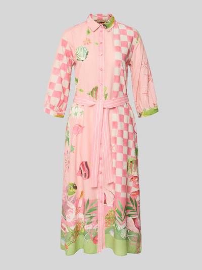 Produktfoto, Hemdblusenkleid mit Bindegürtel und 3/4-Arm von Smith and Soul im Allover-Muster, Rosa-Grün, A-Linie, Viskose-Baumwoll-Mix