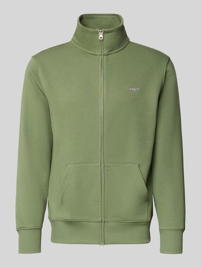 Produktfoto, Regular Fit Sweatjacke mit Stehkragen Modell 'Gield' von Gant in olivgrün, Baumwoll-Mix, Reißverschluss, Kängurutasche, Logo-Stitching