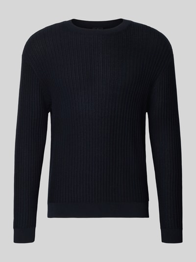 Produktfoto, Slim Fit Pullover in Strick-Optik von ARMANI EXCHANGE, dunkelblau, reine Baumwolle, Rundhalsausschnitt, elastische Abschlüsse, gerippte Textur