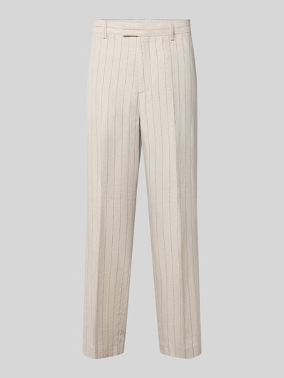 Produktfoto, beiger Farbton mit feinen, dunklen Streifen, gerade Form, glatte Textur, Relaxe Fit Anzughose aus Leinen-Bumwoll-Mix Modell 'LADATTI' von Selected Homme, Herren Anzughose von Selected Homme