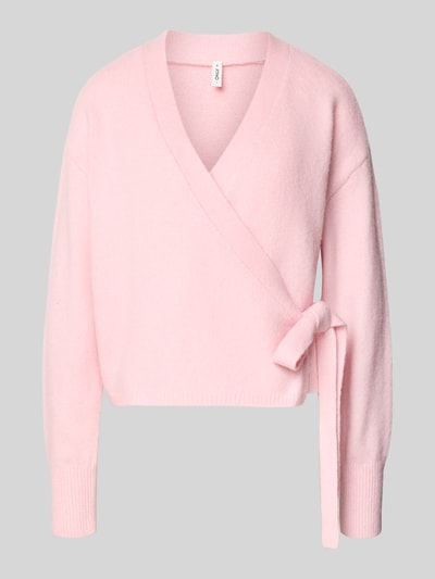 Produktfoto, Regular Fit Cardigan mit Woll-Anteil Modell 'KIRA' von ONLY in zartem Rosa, Optik: Unifarben, Melange, Strickoptik, Wickeloptik, Taillengürtel, Crew Neck, V-Ausschnitt, Langarm, gerippte Abschlüsse, Materialverarbeitung: Strick, Material-Mix mit Woll-Anteil.