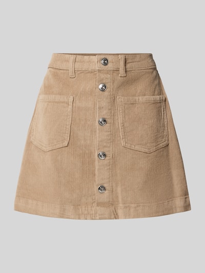Produktfoto, beigefarbener Eng anliegender Mini-Rock aus Baumwoll-Mix Modell 'AMAZING' von ONLY mit sichtbarer Knopfleiste und Taschen, Damen Mini-Rock von ONLY