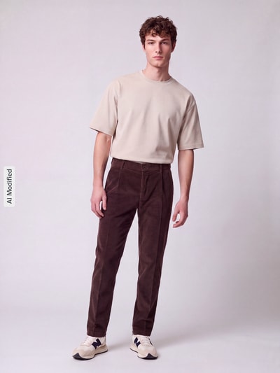 Männermodel trägt Relaxed Fit Cordhose aus Baumwoll-Mix Modell 'Lui_2V-D' von Strellson, dunkelbraun, strukturierte Oberfläche, Ganzkörperansicht von vorne, Herren Cordhose von Strellson, KI-modifiziertes Bild.
