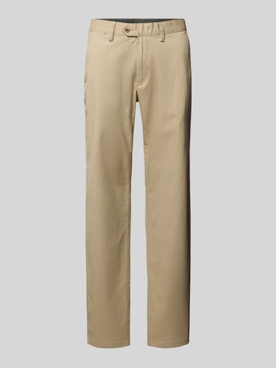 Produktfoto, Chino mit französischen Eingrifftaschen von Christian Berg Men aus Baumwoll-Elasthan-Mix, Gerade Passform, Unifarbenes-Design, Knopf-Reißverschluss, Gesäßtaschen, beige Farbe, glatte Textur, Bundweite 45 cm, Innenbeinlänge 83 cm, Herren