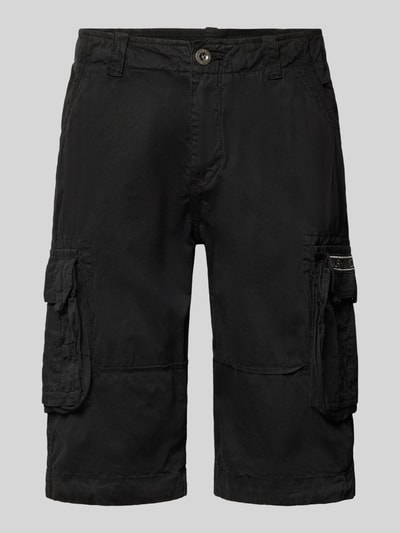 Produktfoto, Bermudas mit Pattentaschen und Logo-Stitching von Alpha Industries in Schwarz, Reine Baumwolle, Straight, Knopf-Reißverschluss, seitliche Eingrifftaschen, Klettverschluss-Pattentaschen, Gesäßtaschen, Bundweite 44 cm, Innenbeinlänge 33 cm