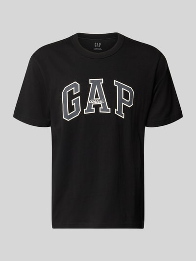 Produktfoto, T-Shirt mit Logo und Rundhalsausschnitt von GAP in Schwarz, Reine Baumwolle, Regular-Fit, weißes Logo, Rückenlänge 66 cm bei Größe M