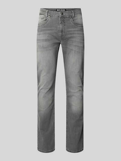Produktfoto, Straight Fit Jeans aus Baumwoll-Mix Modell 'Arne Pipe' von MAC in Grau, 5-Pocket-Design, sichtbares Label-Patch, glatte Textur