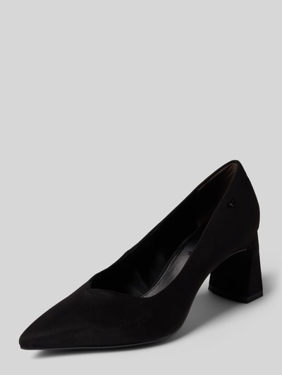 Produktfoto, Pumps mit Logo-Detail von Tamaris in schwarzer Webware mit spitzer Schuhspitze, Flare Heel und Animal Print Struktur.