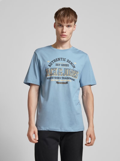 Jack & Jones T-shirt met labelprint, model 'ELOGO' Rookblauw - 4