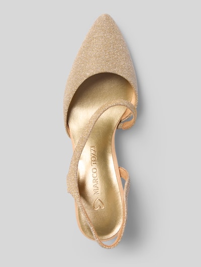 Produktfoto, Pumps mit Riemchen von Marco Tozzi in Gold mit spitz zulaufender Form, strukturierter Sohle, Absatzhöhe 8 cm, Draufsicht.