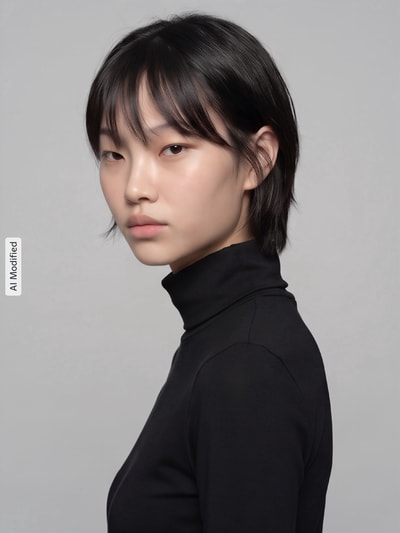 Frauenmodel trägt Regular Fit Langarmshirt aus reiner Baumwolle von s.Oliver RED LABEL, Schwarz, glatte Struktur, Nahaufnahme Oberkörper, KI-modifiziertes Bild.