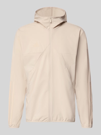 Produktfoto, Trainingsjacke mit Kapuze van adidas Sportswear in beige, regular fit, materiaal met stretch, labelprint, ritssluiting, vooraanzicht