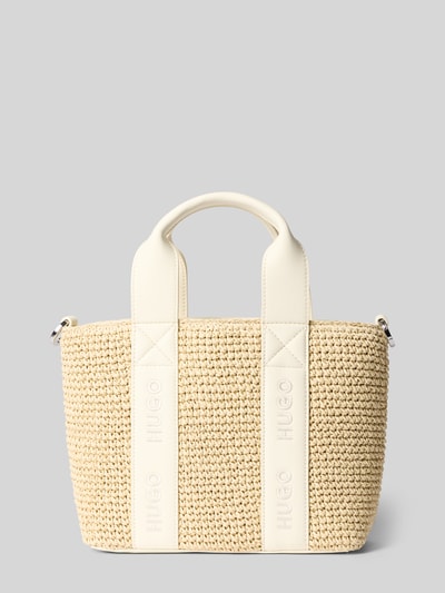 Produktfoto, Henkeltasche aus Papier Modell 'BECKY ST_MINI TOTE' von HUGO, beżowy kolor, faktura plecionki, jednolita, detal label-tape, zamknięcie na zamek, rączki i odpinany pasek na ramię