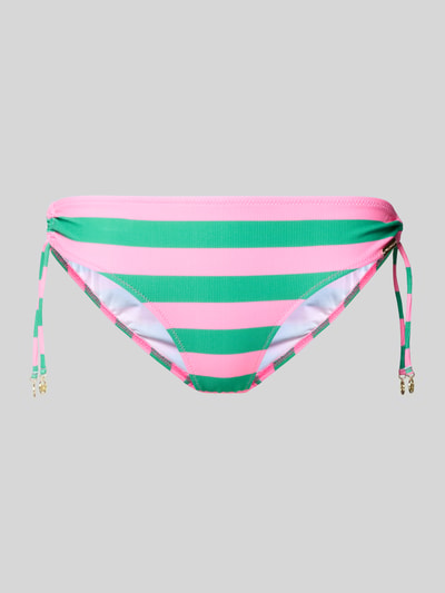 Produktfoto, Bikini-Slip im Allover-Look mit seitlicher Schnürung von WATERCULT, grün-rosa Streifen, elastischer Bund, strukturierte Oberfläche, körpernahe Passform, Material-Mix mit Stretch-Anteil