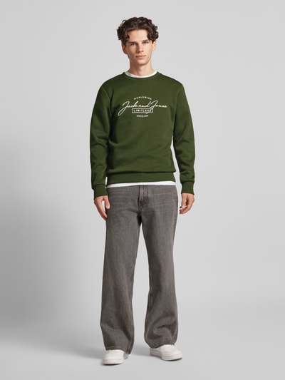 Jack & Jones Sweatshirt met labelprint, model 'FERRIS' Donkergroen - 1