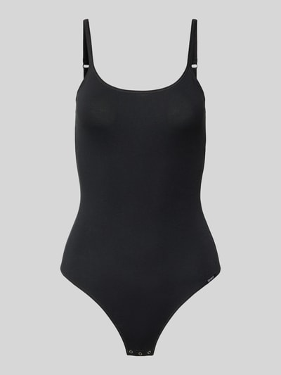 Produktfoto, Slim Fit Body mit Logo-Patch von Skiny aus elastischem Baumwoll-Mix in Schwarz, schlichte Textur, Druckknopfverschluss, Spaghettiträger
