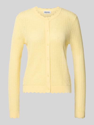 Produktfoto, Regular Fit Strickjacke aus reiner Baumwolle Modell 'SCOUT' von Pieces, Optik: Unifarben in Gelb, semitransparenter-Look, Strick, Rundhals-Ausschnitt, Langarm, Gerippt