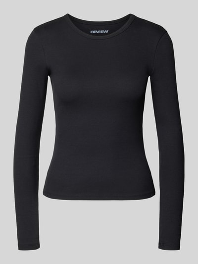 Produktfoto, Longsleeve mit Rundhalsausschnitt von REVIEW in Schwarz, eng anliegend, Ripp-Struktur, aus Baumwoll-Mix, neutraler Hintergrund