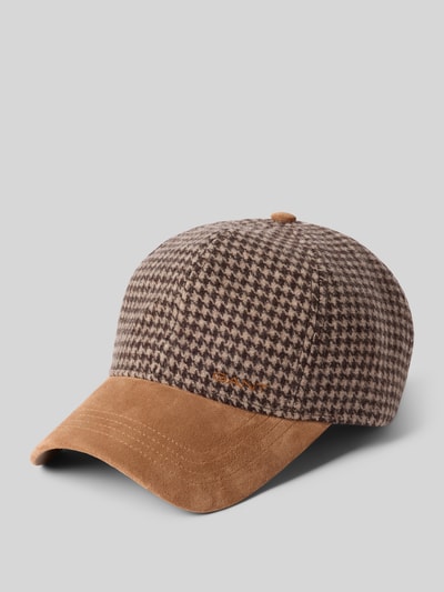 Produktfoto, Cap aus reiner Wolle von GANT in Braun und Beige mit Hahnentritt-Muster, samtigem Schirm und Logo, Damen Cap von GANT